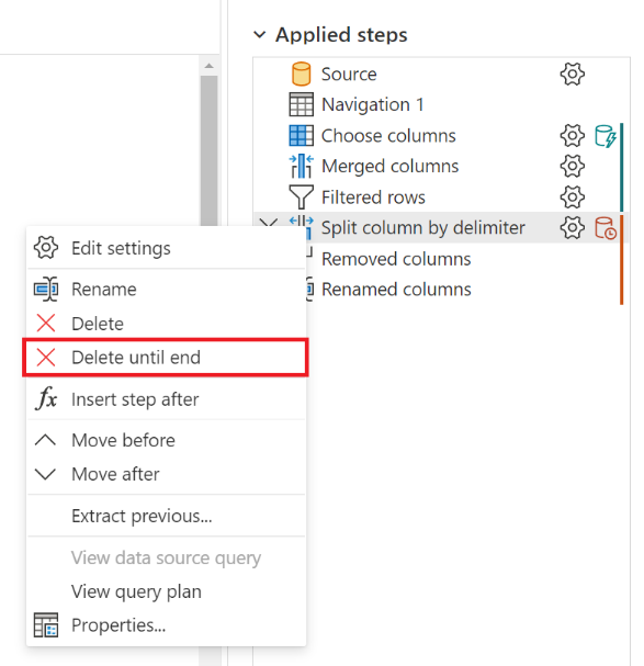 Delete until end option from the Applied steps window to remove multiple steps