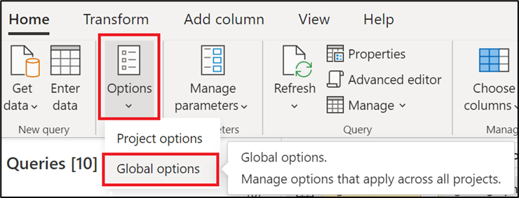 Global options in the Options Submenu in the Home tab of the Power Query ribbon