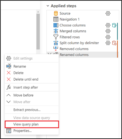 View query plan option when right clicking a step within the Applied steps window