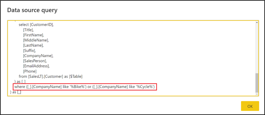 Data source query window, displaying the generated SQL statement
